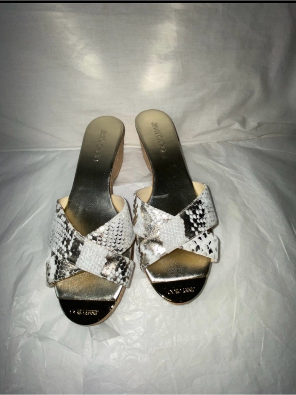 Jimmy Choo Black & White Snake-Print Slide cork wedge sandals /low heel NWOT